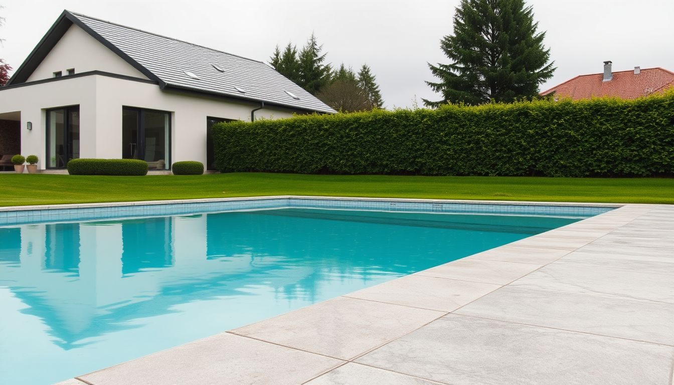 Becken eines Aussenpools mit klarem Wasser und Beckenrand